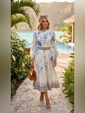 Floral Blue & Cream Midi Dress with Belt S/M